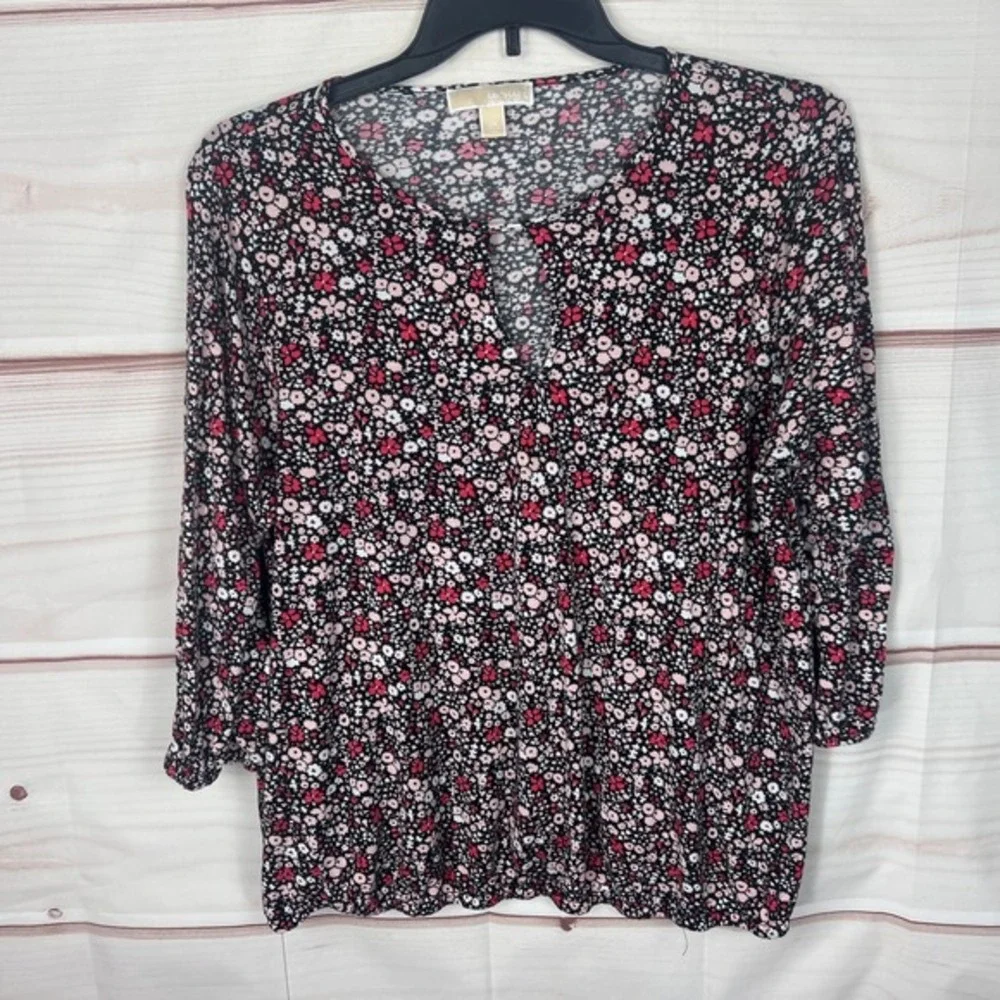 Michael Kors Top Womens 2X Black Floral‎ Blouse Keyhole Neck Elastic Waist Knit
